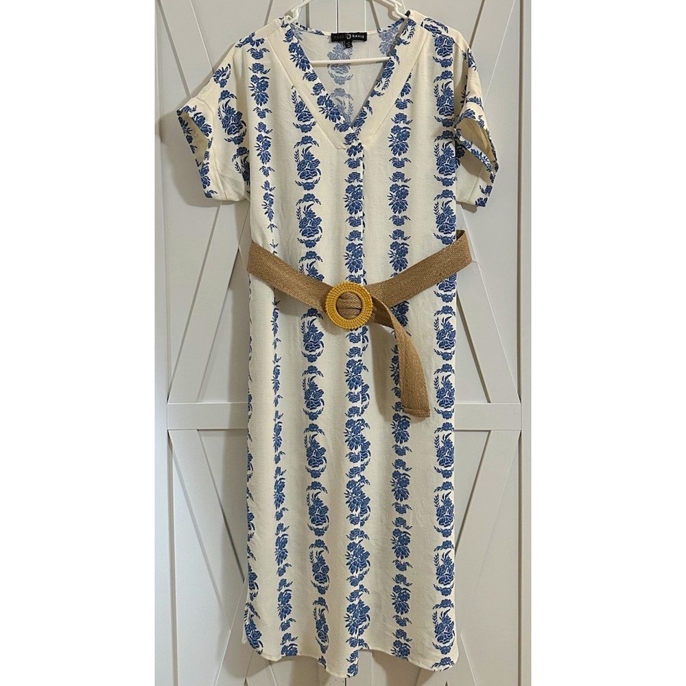 Fred David Women's M White/Blue Floral Shift Midi V-Neck Short Sleeve Belted